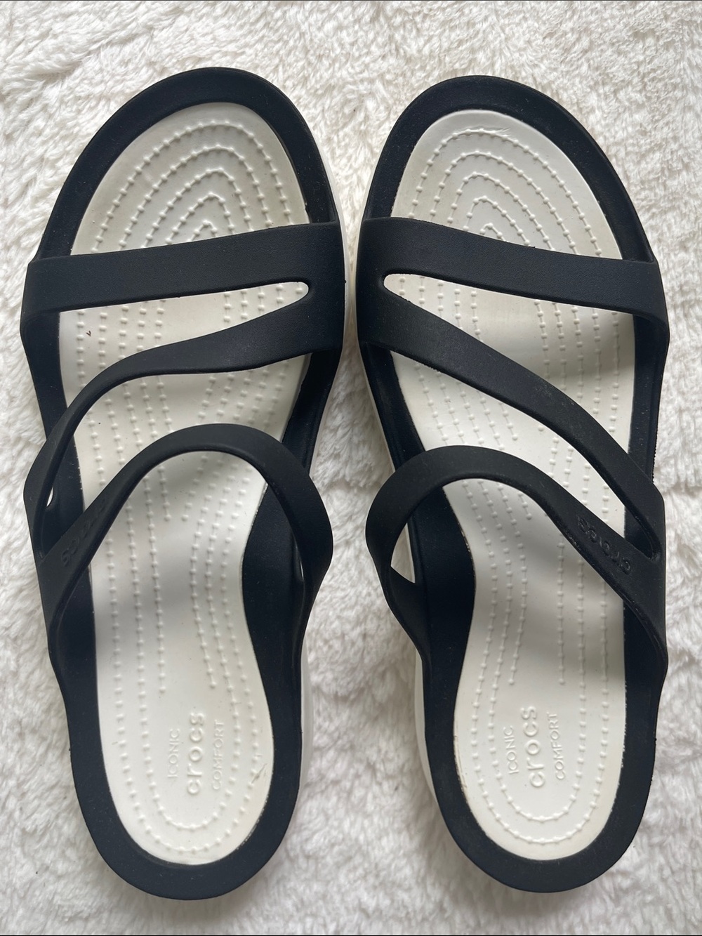 CROCS Women's Black Strappy Sandals with White Footbed